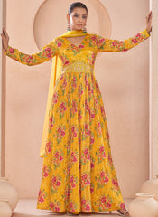 Yellow Floral Print And Handwork Embroidery Anarkali Suit