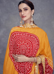 Yellow And Red Mirror Embroidery Bandhani Printed Palazzo Suit