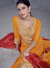 Yellow And Red Mirror Embroidery Bandhani Printed Palazzo Suit