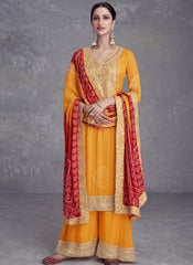 Yellow And Red Mirror Embroidery Bandhani Printed Palazzo Suit