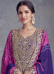 Purple And Pink Mirror Embroidery Bandhani Printed Palazzo Suit