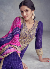 Purple And Pink Mirror Embroidery Bandhani Printed Palazzo Suit