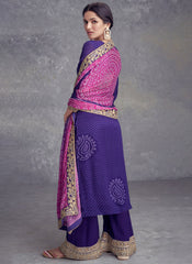 Purple And Pink Mirror Embroidery Bandhani Printed Palazzo Suit