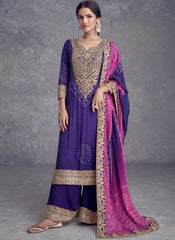 Purple And Pink Mirror Embroidery Bandhani Printed Palazzo Suit