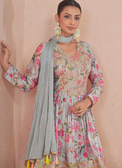 Grey-Blue Embroidered Floral Digital Printed Sharara Suit