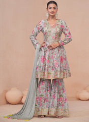 Grey-Blue Embroidered Floral Digital Printed Sharara Suit