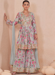 Grey-Blue Embroidered Floral Digital Printed Sharara Suit