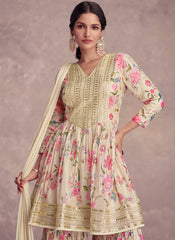 Lemon Yellow Embroidered Floral Digital Printed Sharara Suit