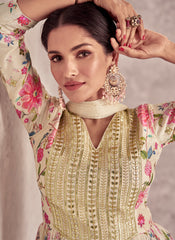 Lemon Yellow Embroidered Floral Digital Printed Sharara Suit