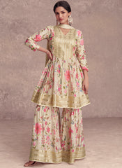 Lemon Yellow Embroidered Floral Digital Printed Sharara Suit