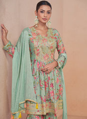 Light Green Embroidered Floral Digital Printed Sharara Suit