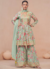 Light Green Embroidered Floral Digital Printed Sharara Suit