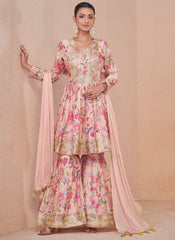 Light Pink Embroidered Floral Digital Printed Sharara Suit