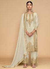 Off-White Golden Embroidered Pakistani Pant Style Suit