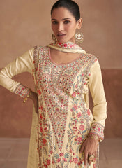 Beige Multicoloured Embroidery Festive Palazzo Suit