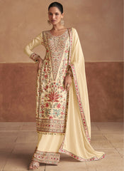 Beige Multicoloured Embroidery Festive Palazzo Suit