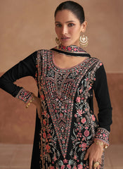 Black Multicoloured Embroidery Festive Palazzo Suit