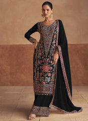 Black Multicoloured Embroidery Festive Palazzo Suit