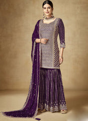 Purple Ready to Wear Chinon Sharara Style Suit