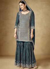 Navy Blue Ready to Wear Chinon Sharara Style Suit