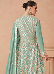 Sea Green Multi-Thread Embroidery Georgette Lehenga Suit