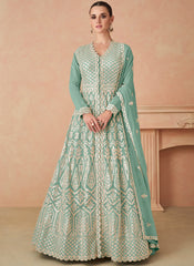 Sea Green Multi-Thread Embroidery Georgette Lehenga Suit