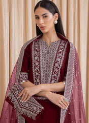 Maroon Embroidered Georgette Palazzo Style Suit