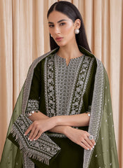 Olive Green Embroidered Georgette Palazzo Style Suit
