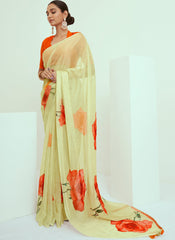 Light Yellow and Orange Floral Print Georgette Saree