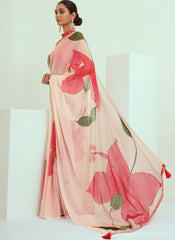 Pink Floral Print Georgette Saree