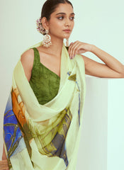 Light Yellow and Green Floral Print Georgette Saree