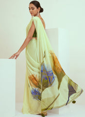 Light Yellow and Green Floral Print Georgette Saree