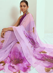 Lavender Floral Print Georgette Saree