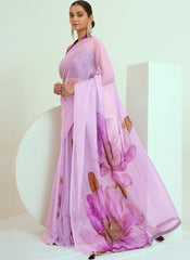 Lavender Floral Print Georgette Saree