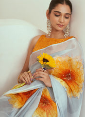 Light Grey and Yellow Floral Print Georgette Saree