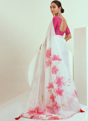 White and Pink Floral Print Georgette Saree