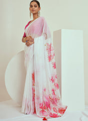 White and Pink Floral Print Georgette Saree