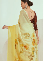 Yellow and Brown Floral Print Georgette Saree