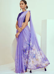 Purple Floral Print Georgette Saree