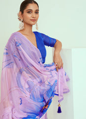 Lavender Floral Print Georgette Saree