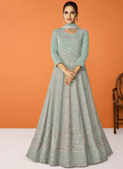 Turquoise Sequence Embroidered Georgette Party Wear Anarkali Suit