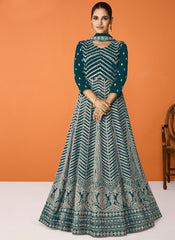Teal Blue Sequence Embroidered Georgette Party Wear Anarkali Suit