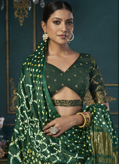 Cream and Dark Green Dola Silk Lehenga Choli with Bandhej Dupatta