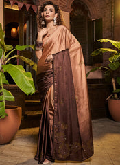 Brown Diamond Work Satin Silk Saree