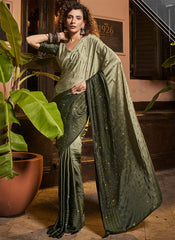 Bottle Green Diamond Work Satin Silk Saree