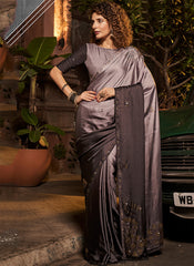 Black and Grey Diamond Work Satin Silk Saree