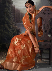 Woven Orange Party Wear Organza Saree