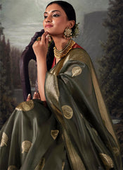 Woven Dark Grey Party Wear Organza Saree