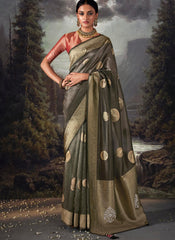 Woven Dark Grey Party Wear Organza Saree