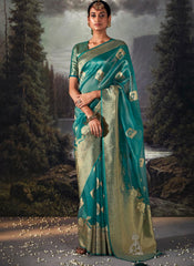 Woven Cyan Blue Party Wear Organza Saree